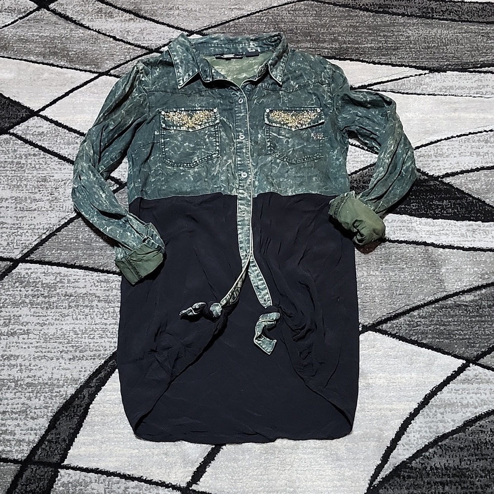 MISS ME METALLIC RHINESTONES STUDDED ACID-WASH LONG BUTTON LONG-SLEEVED SHIRT M